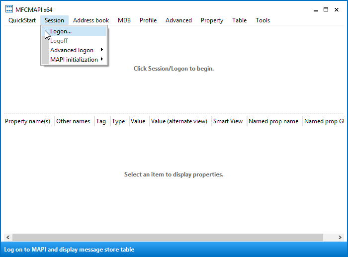 MFCMAPI - Session-> Logon... (click on image to enlarge)