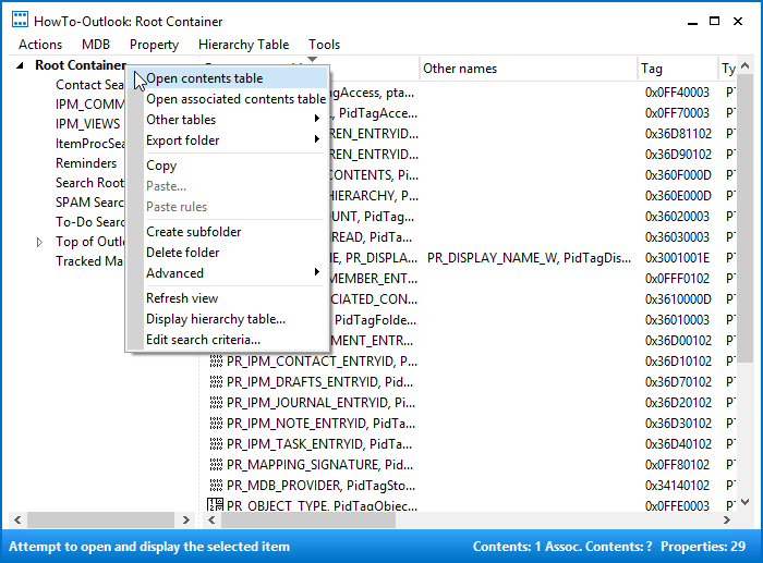 MFCMAPI - Root Container - Open contents table (click on image to enlarge)